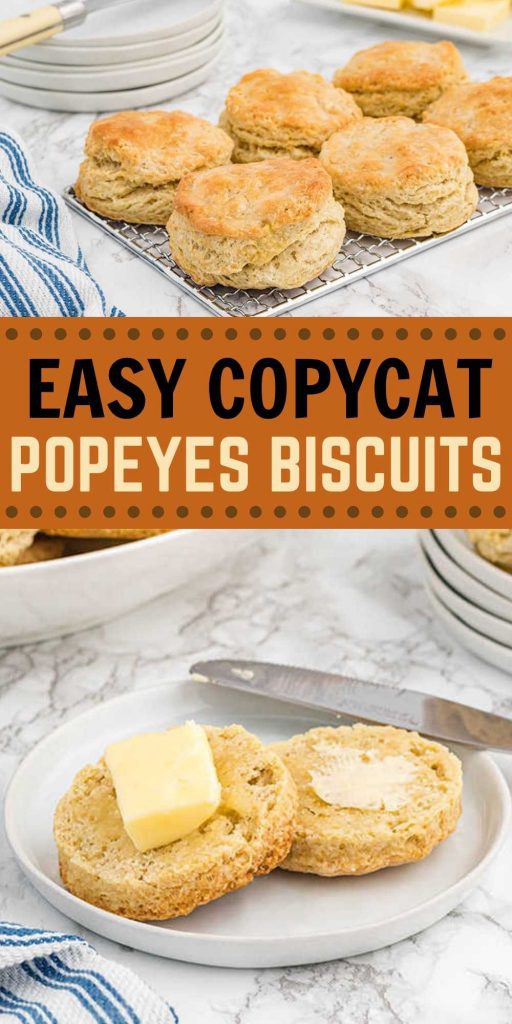 Copycat Popeyes Biscuits recipe is so flaky and delicious. You can enjoy this popular item at home. These biscuits are light and fluffy and easy to make from scratch.  Everyone will love this easy side dish recipe. #eatingonadime #copycatrecipes #biscuitrecipes #breadrecipes #popeyerecipes 

