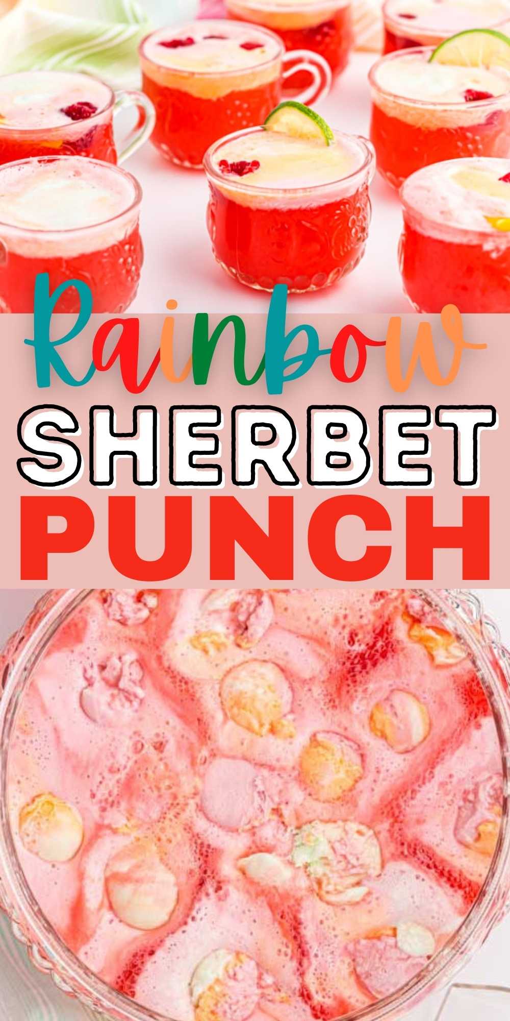 Rainbow sherbet punch has just 3 ingredients. It is a quick and easy party punch and so delicious for any occasion. This non alcoholic punch is easy to make with ginger ale or sprite.  The entire family will love this adorable Rainbow Sherbet Punch recipe. #eatingonadime #punchrecipes #sherbetpunch #rainbowpunch #drinkrecipes 
