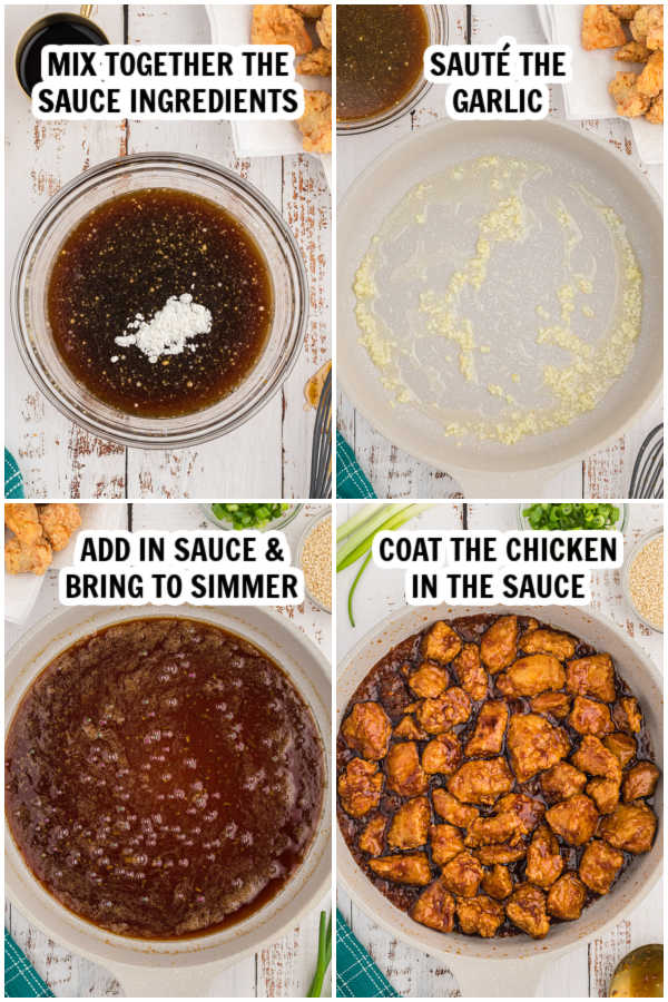 The process of cooking the sauce and coating the chicken