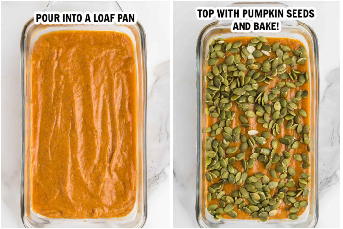 The process of pouring the pumpkin bread in a pan and baking with pumpkin seeds on top