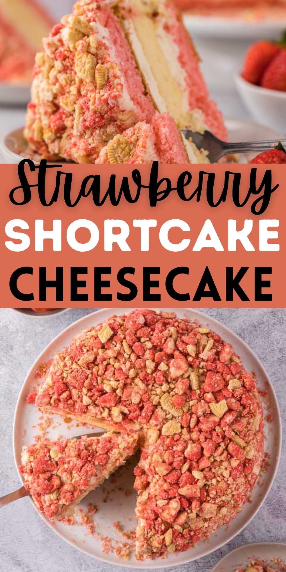 Strawberry Shortcake Cheesecake is topped with cream cheese icing and crumb topping. Each bite has layers of strawberry cake and cheesecake and is packed with tons of flavor. You are going to love this amazing and easy strawberry shortcake cheesecake recipe.  #dessertsonadime #cakerecipes #strawberryrecipes #cheesecakerecipes 
