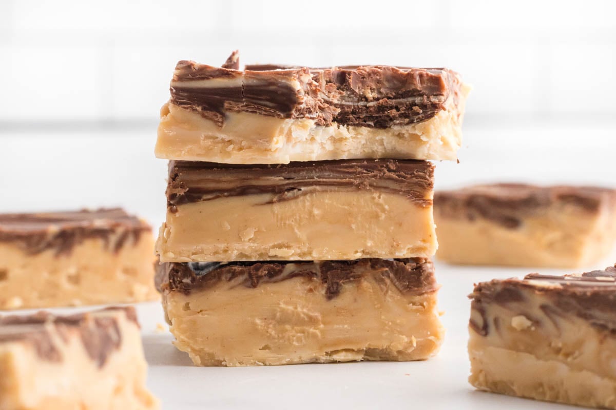 Individual fudge pieces stacked