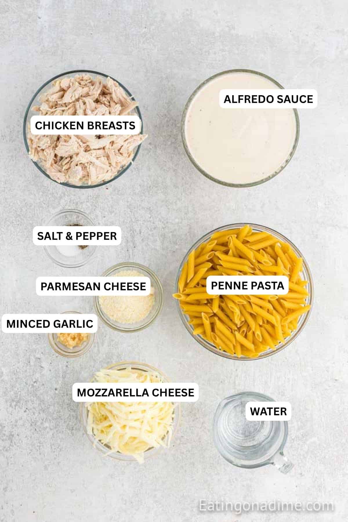 Ingredients for recipe: chicken breasts, alfredo sauce, salt, pepper, parmesan cheese, penne pasta, minced garlic, mozzarella cheese and water. 