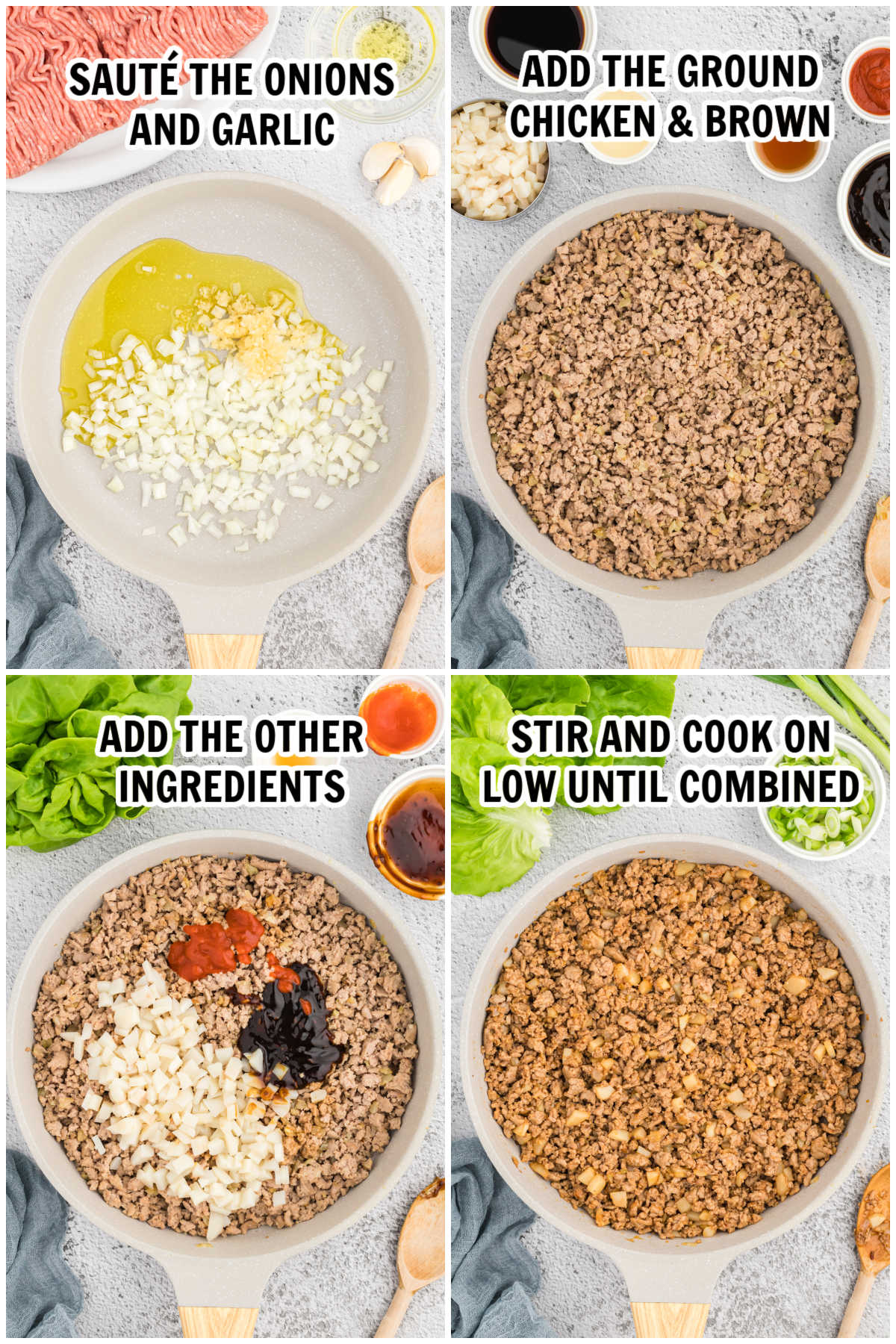 The process of browning ground chicken and adding the remaining ingredients. 