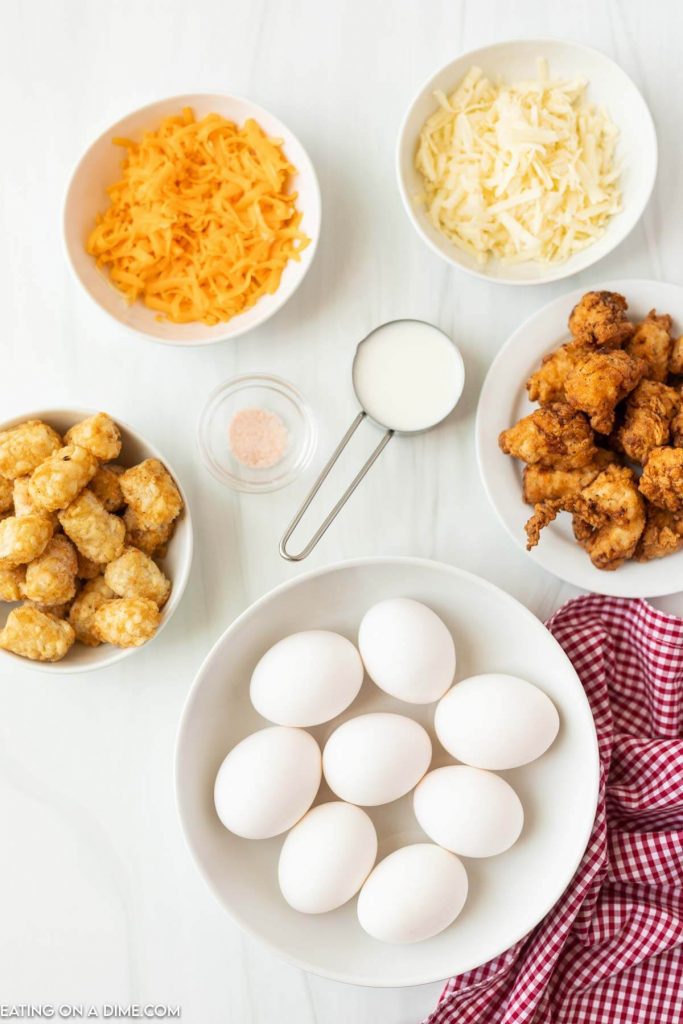 Ingredients needed - chicken nuggets, eggs, milk, salt, cheese, tator tots