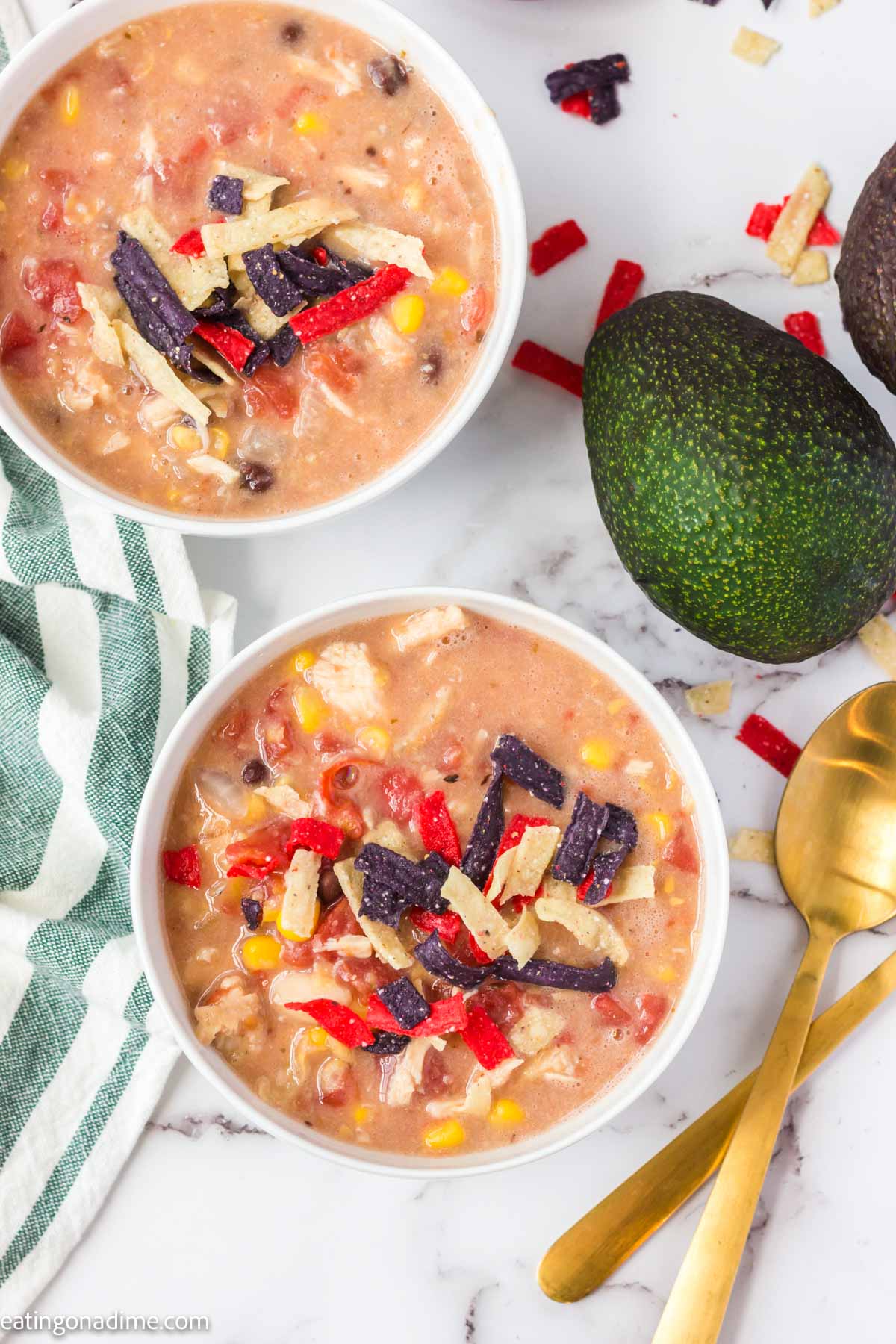 Close up image of chicken tortilla soup in a bowl