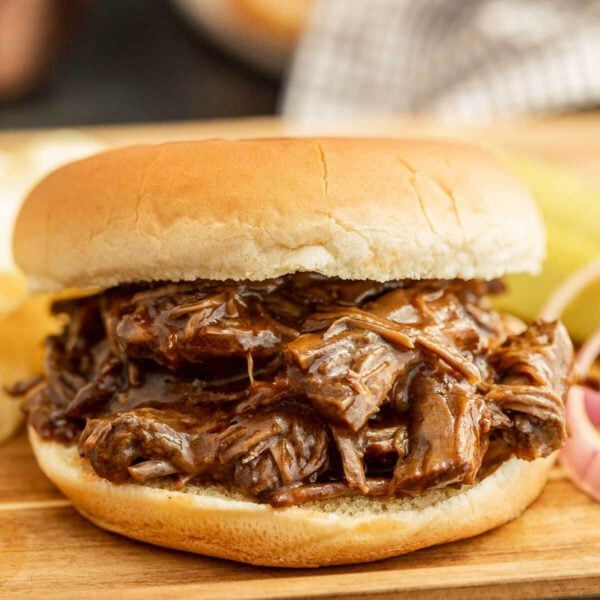 BBQ Beef Sandwich with a side of red onions