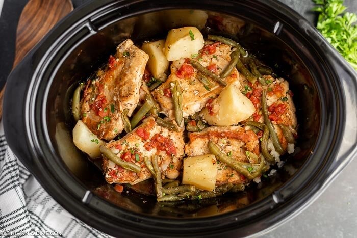 Italian Pork Chops with green beans and potatoes in a crock pot
