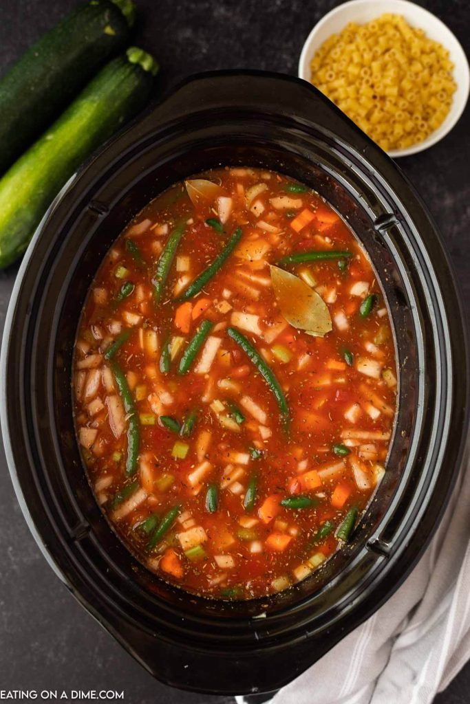 Uncooked minestrone soup in the crock pot