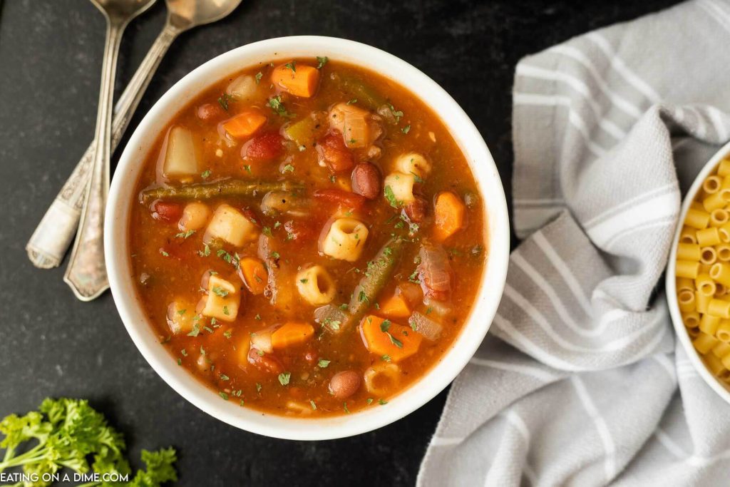 Minestrone soup in a white bowl 