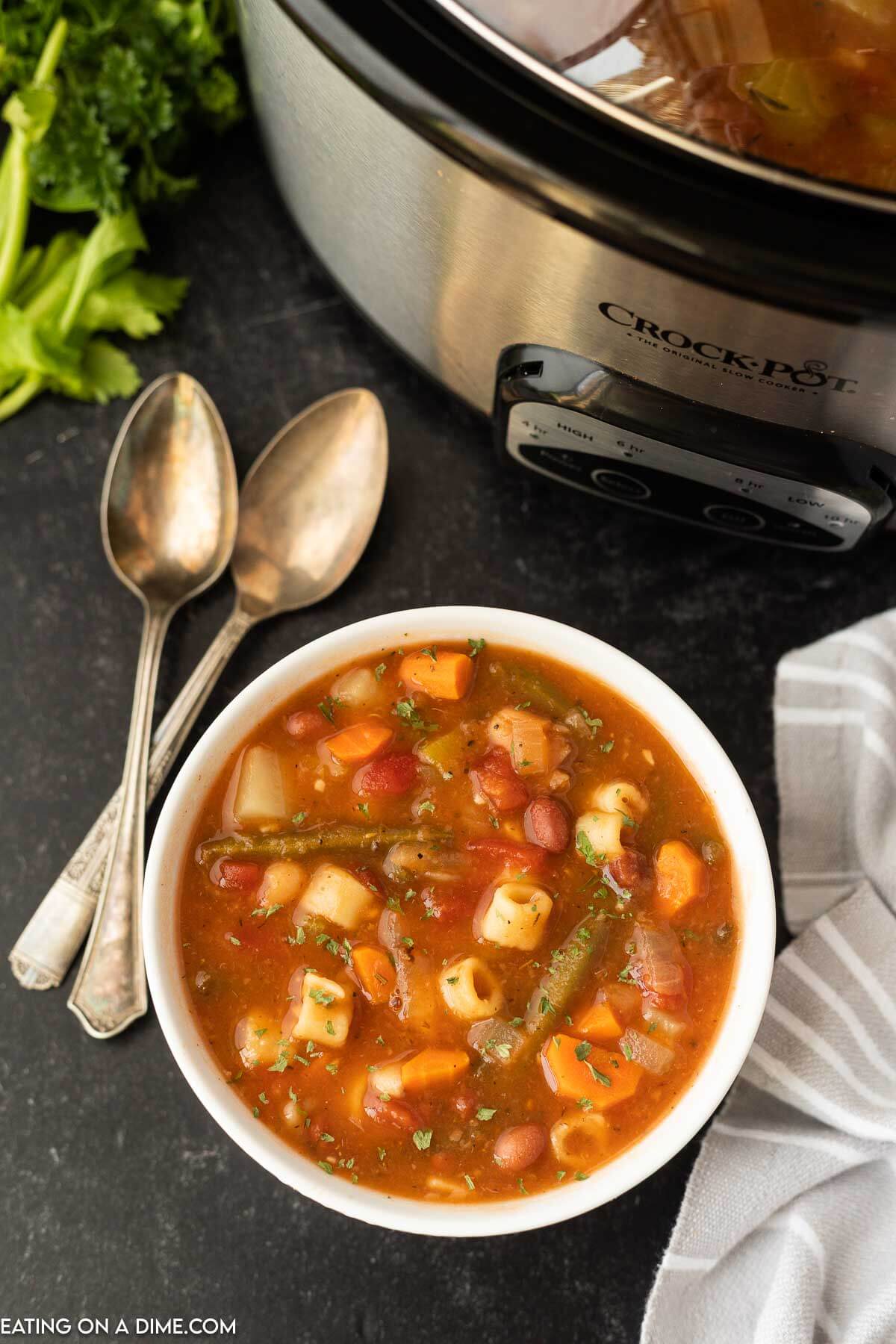 Minestrone soup in a white bowl 