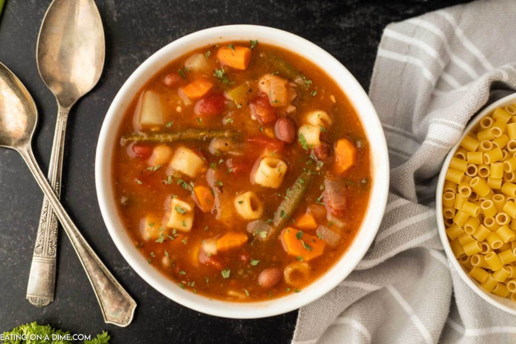 Minestrone soup in a white bowl 