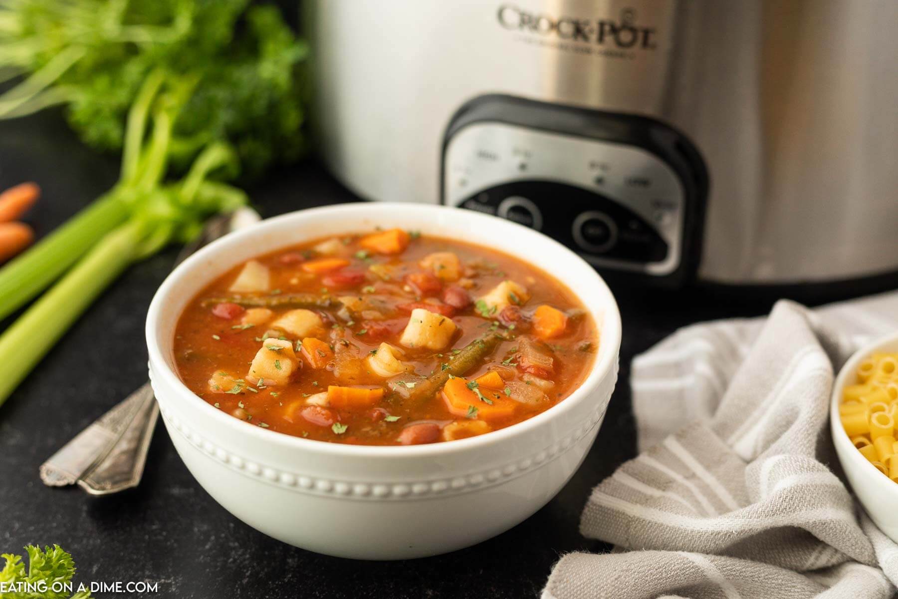 Minestrone soup in a white bowl 