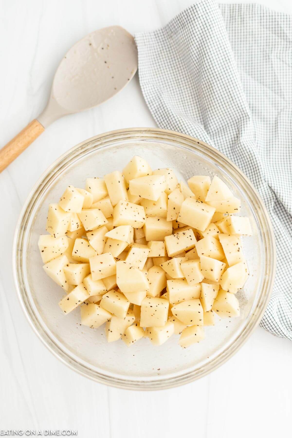 Diced potatoes in bowl. 