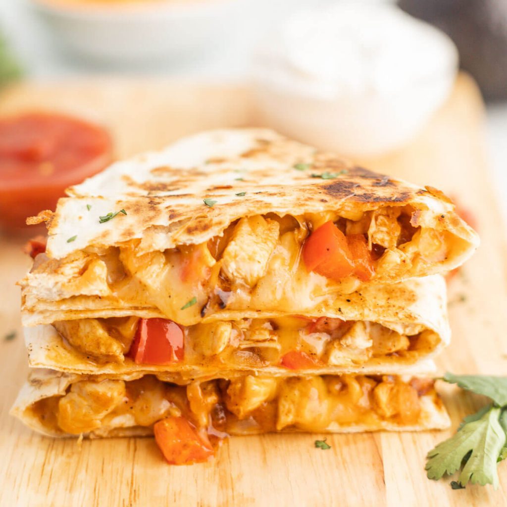 Chicken fajita quesadillas cut into slices. 