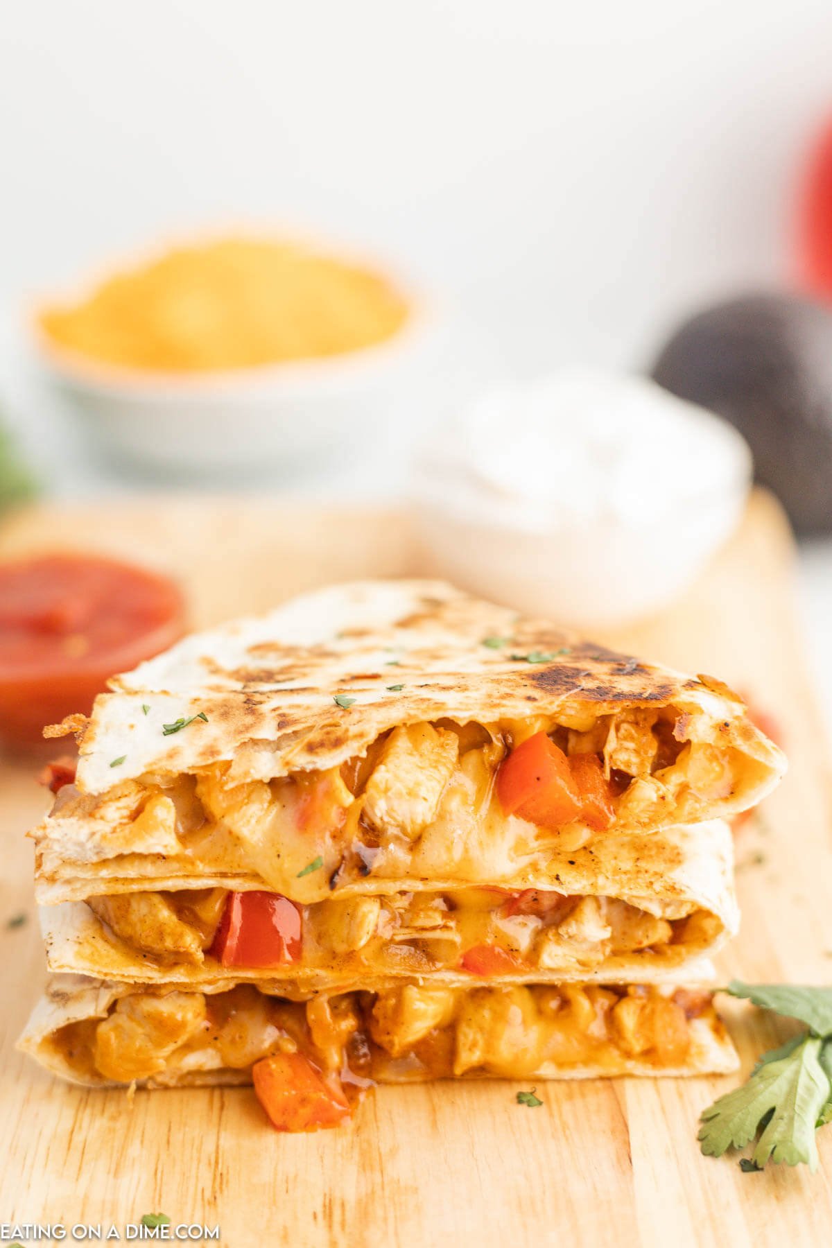 Chicken fajita quesadillas cut into slices. 