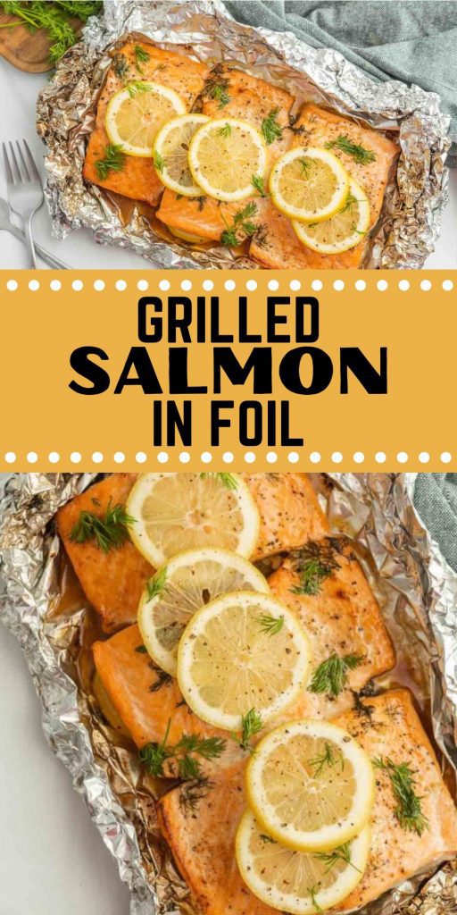 You will love how easy Grilled Salmon in Foil is to make on a grill. It only requires a few ingredients to enjoy the many health benefits Salmon has. Learn how long to cook salmon in foil packets.  This is the perfect recipe for your next cook-out or BBQ. How to grill salmon in foil is easier than you think! #eatingonadime #grillingrecipes #salmonrecipes #seafoodrecipes 
