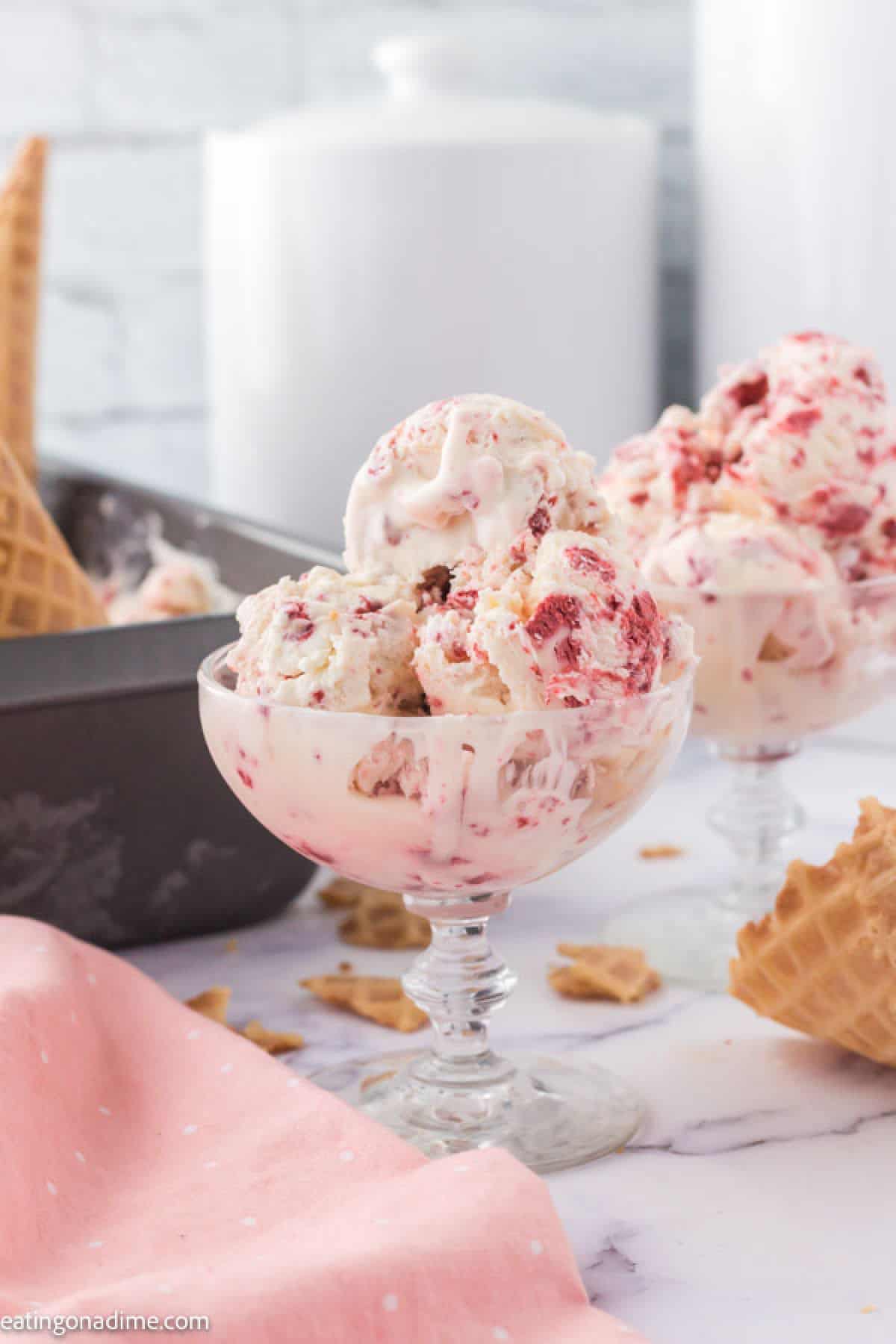 Close up image of red velvet ice cream in a serving dish