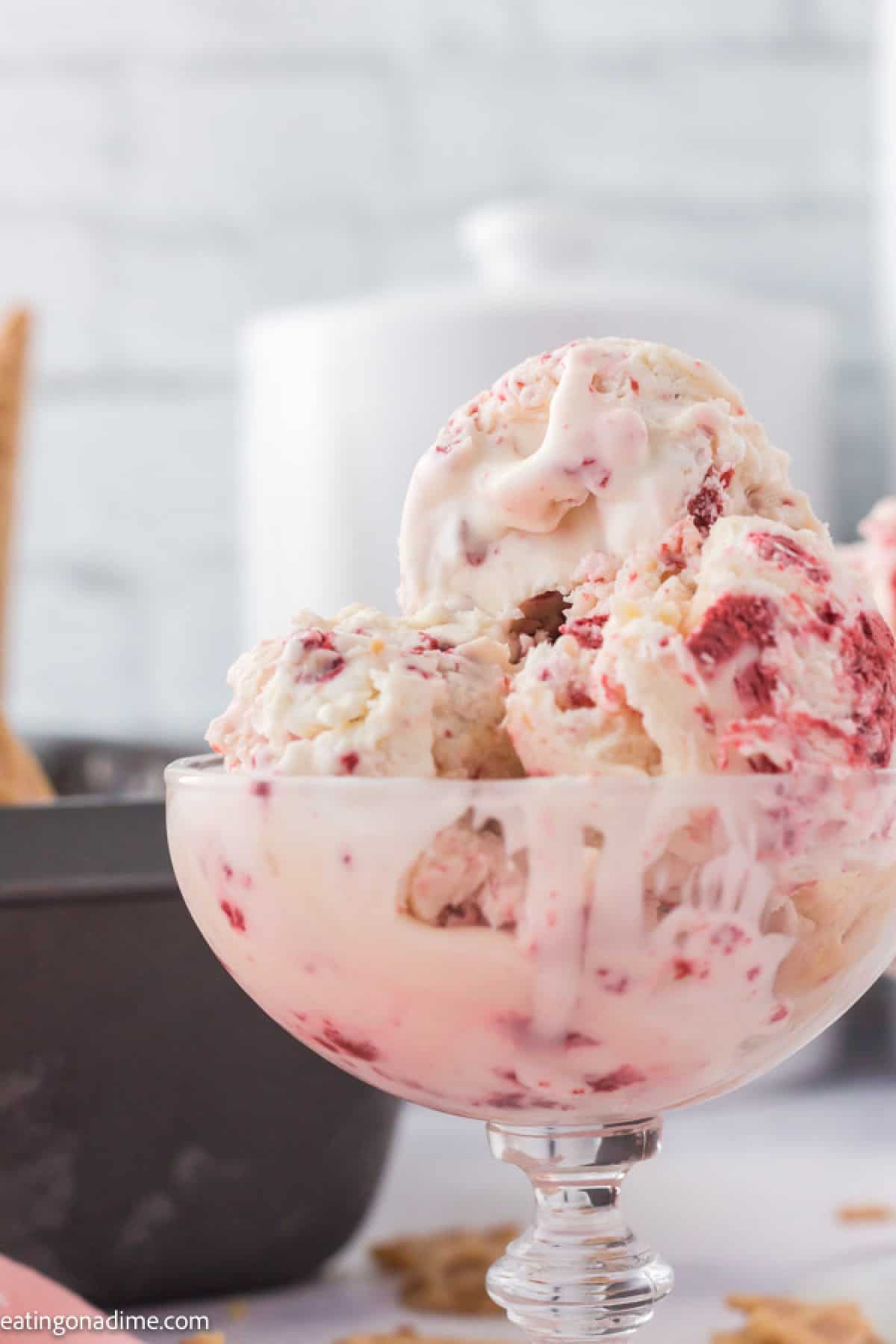 Close up image of red velvet ice cream in a serving dish
