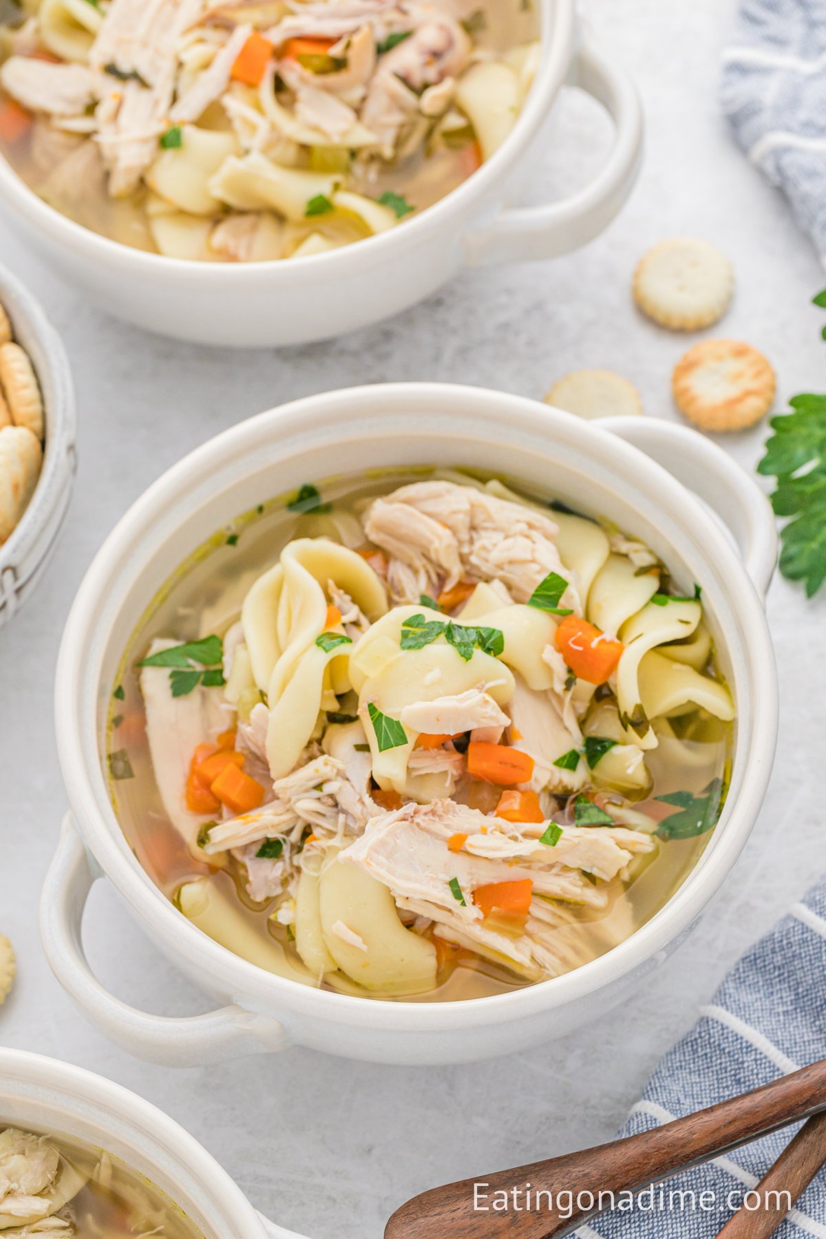 Close up image of chicken noodle soup in a white bowl