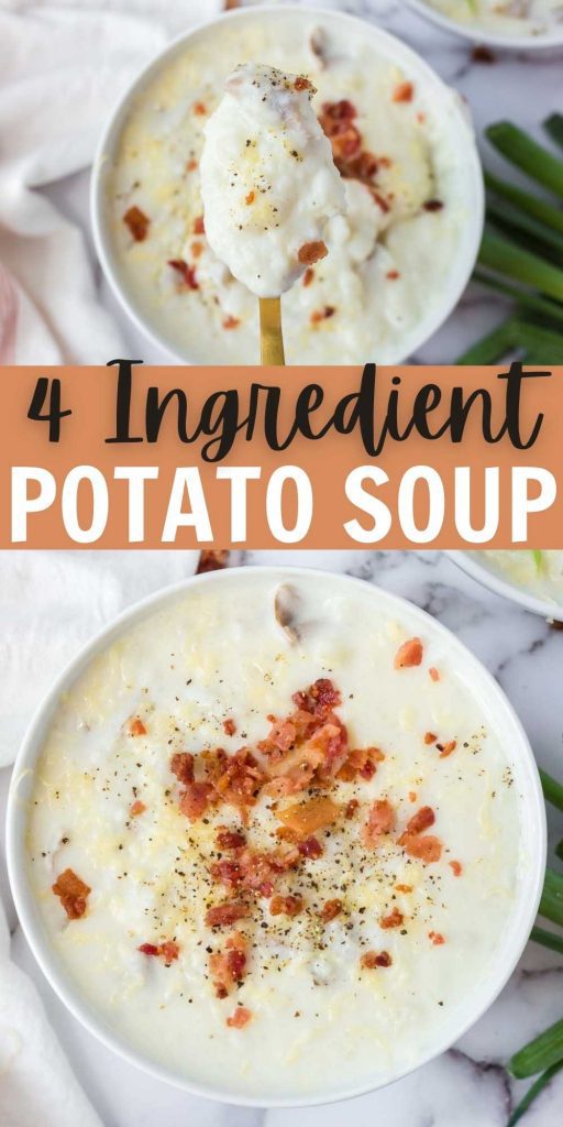 This quick and easy potato soup only requires 4 ingredients and is packed with tons of flavor too! This soup is ready in no time at all on the stovetop. Top with your favorite baked potatoes topping and the entire family will enjoy this easy soup recipe! #eatingonadime #souprecipes #potatosouprecipes #easydinners 

