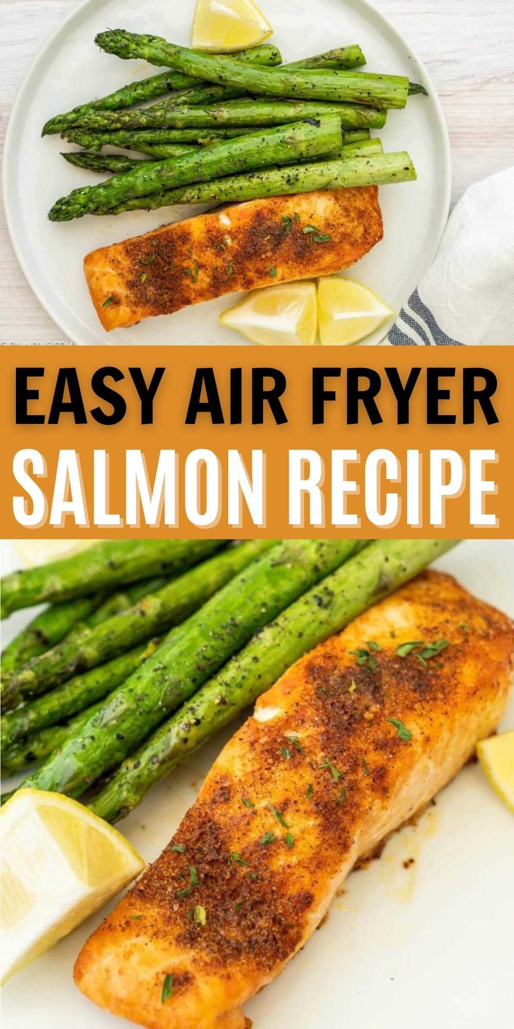 I love my air fryer! I hope you try this simple and quick air fryer salmon recipe. It only requires 7 ingredients and cook in 7 minutes! This healthy air fryer fish recipe can be made with frozen salmon filets and will be loved by the entire family. #eatingonadime #airfryerrecipes #salmonrecipes #fishrecipes 
