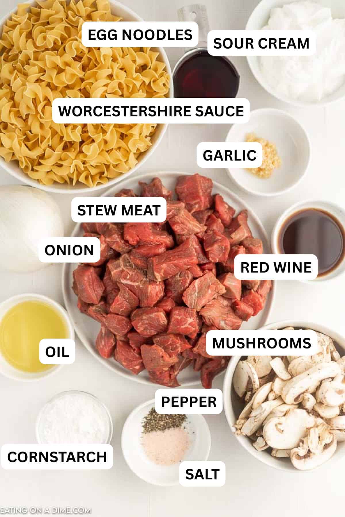 Ingredients needed for recipe: stew meat, olive oil, salt and pepper, minced garlic, red wine, onion, mushrooms, Worcestershire sauce, beef broth, egg noodles, sour cream, cornstarch.