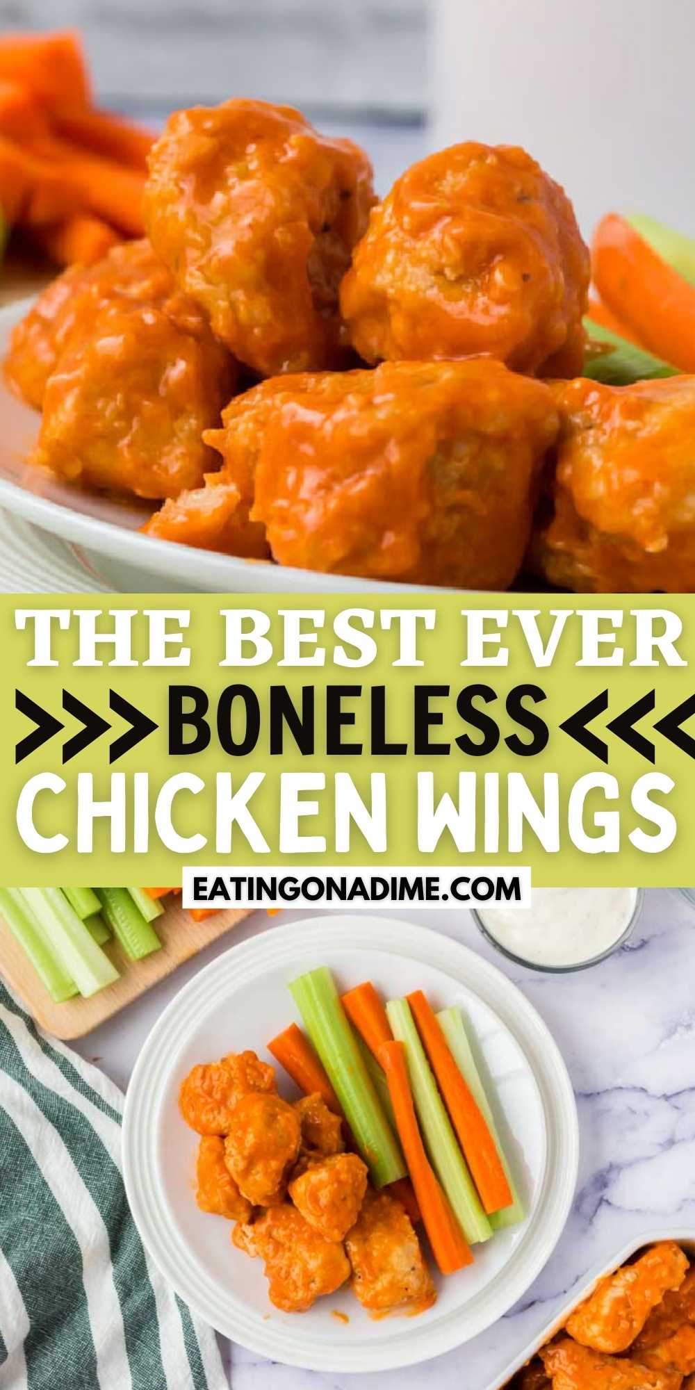 You can easily make Boneless Chicken Wings at home. This flavor packed recipe has the perfect amount of heat. The recipe comes together fast. Learn how to make these homemade buffalo chicken wings at home with this Easy DIY recipe. #eatingonadime #chickenrecipes #wingrecipes #buffalorecipes 
