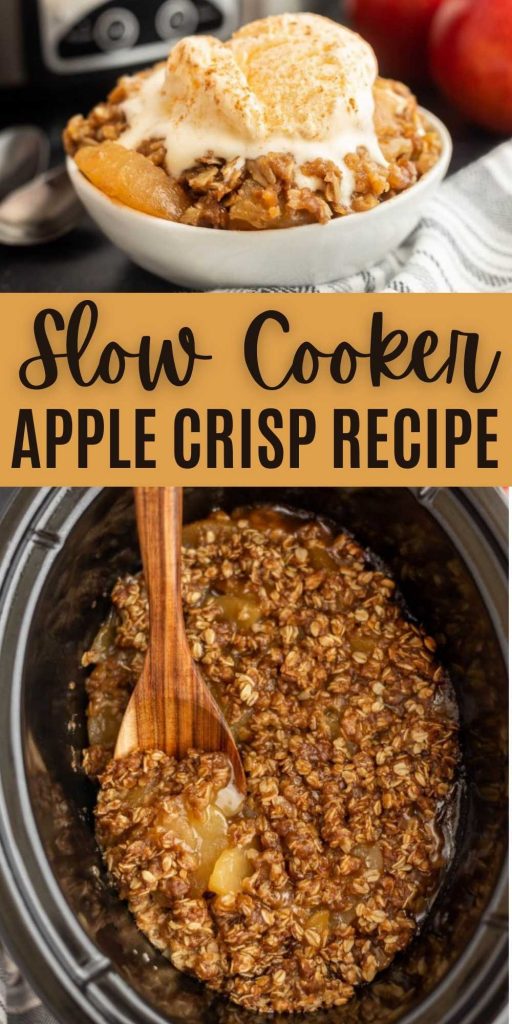Crock Pot Apple Crisp is the best fall dessert. The apple cinnamon flavor will fill your home with an amazing smell with easy ingredients. This Slow Cooker Apple Crisp recipe is easy to make with apple pie filling and the entire family will love it! #eatingonadime #appledesserts #easydesserts #crockpotrecipes 
