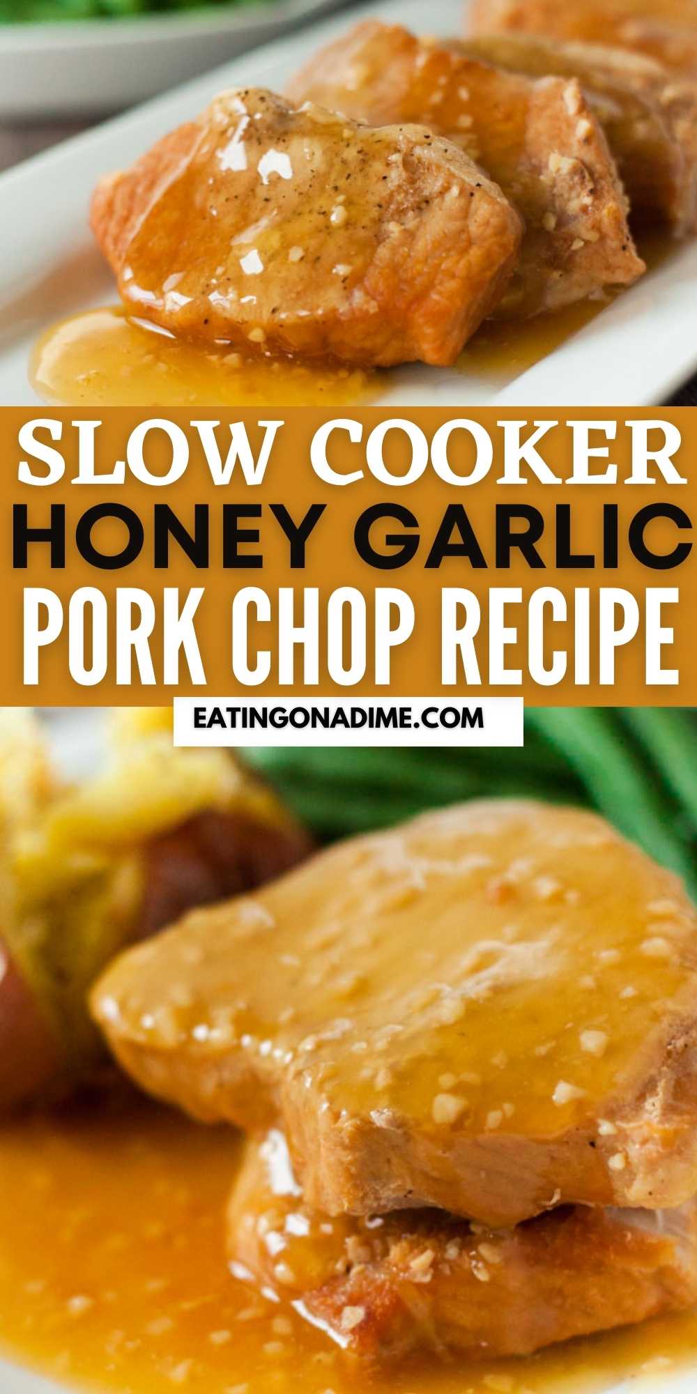 Try making Crock Pot Honey Garlic Pork Chops Recipe for a meal that is simply amazing. The honey garlic marinade makes each bite delicious. This slow cooker easy pork chops will be one of your family’s favorite recipes! #eatingonadime #crockpotrecipes #porkchoprecipes #slowcookerrecipes 
