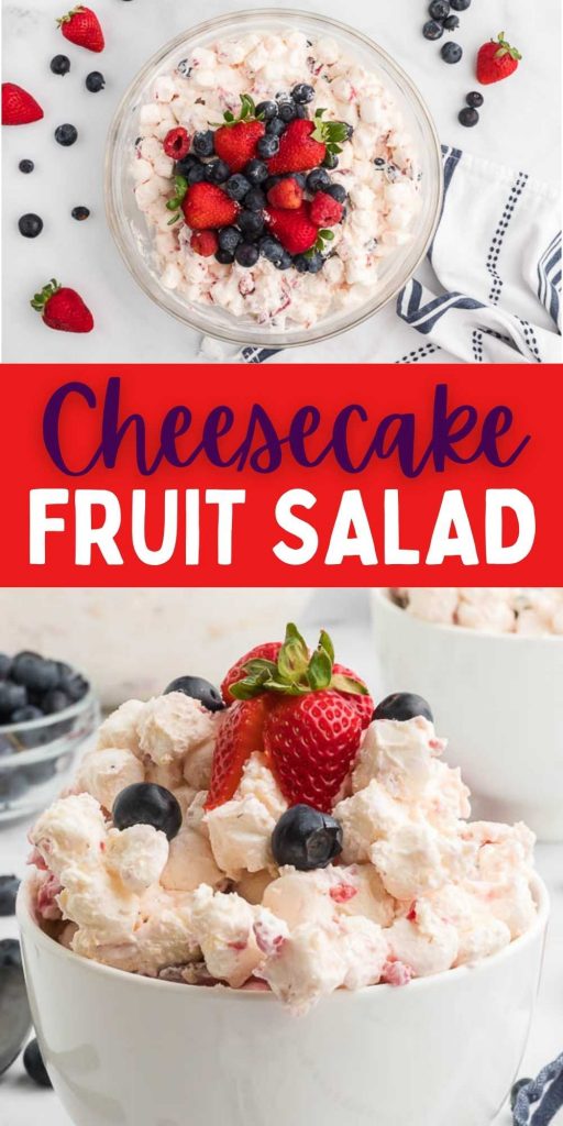 Cheesecake fruit salad has fresh berries, a decadent cheesecake blend and lots of marshmallows. This recipe comes together in just minutes. This Berry Cheesecake salad is an easy no bake recipe and is red white and blue for the best patriotic dessert too! #eatingonadime #nobakerecipes #fruitsalads #cheesecakerecipes 
