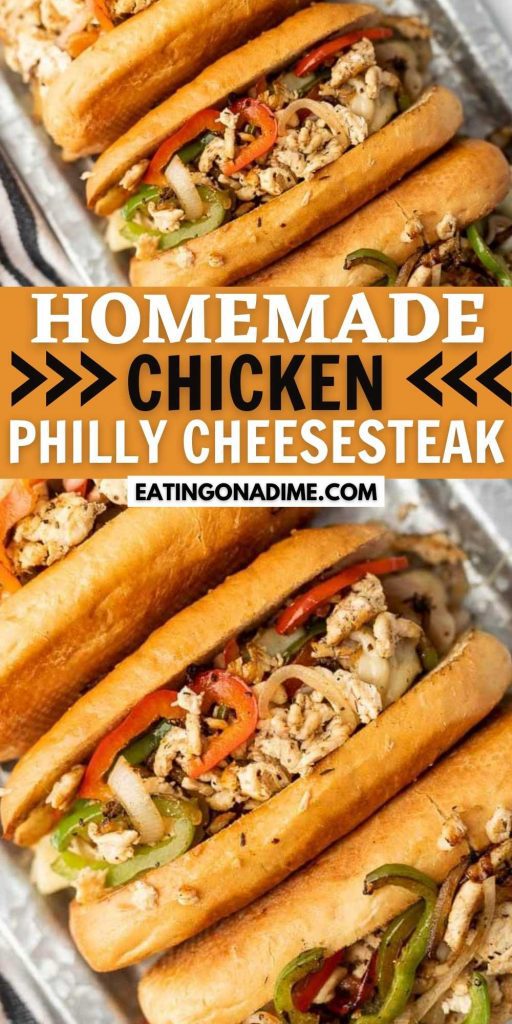 Chicken Philly Cheesesteaks Recipe is loaded with chicken, sautéed onions and peppers and cheese. Everything is packed into a hoagie roll. This easy skillet recipe is easy to make on a skillet, griddle or blackstone and it’s packed with tons of flavor too! #eatingonadime #skilletrecipes #chickenrecipes #sandwichrecipes 
