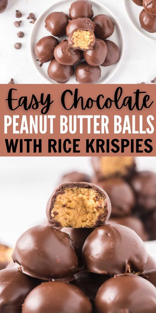 Chocolate Peanut Butter Balls with Rice Krispies is a classic treat with some extra crunch thanks to the Rice Krispies. Easy and tasty treat. Learn how to make this easy no bake treat that the entire family will love! #eatingonadime #nobakedesserts #easydesserts #chocolatedesserts #peanutbutterdesserts 
