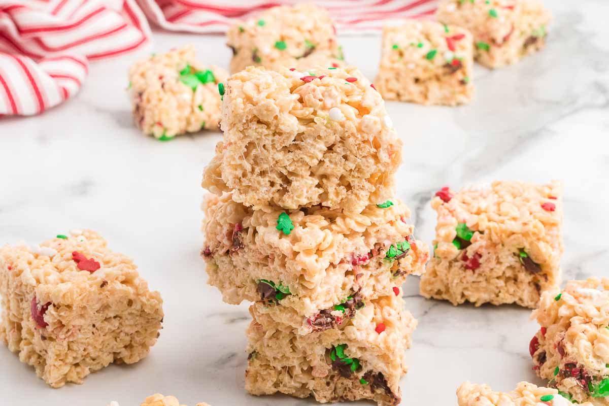 Christmas Rice Krispie Treats cut into squares stacked