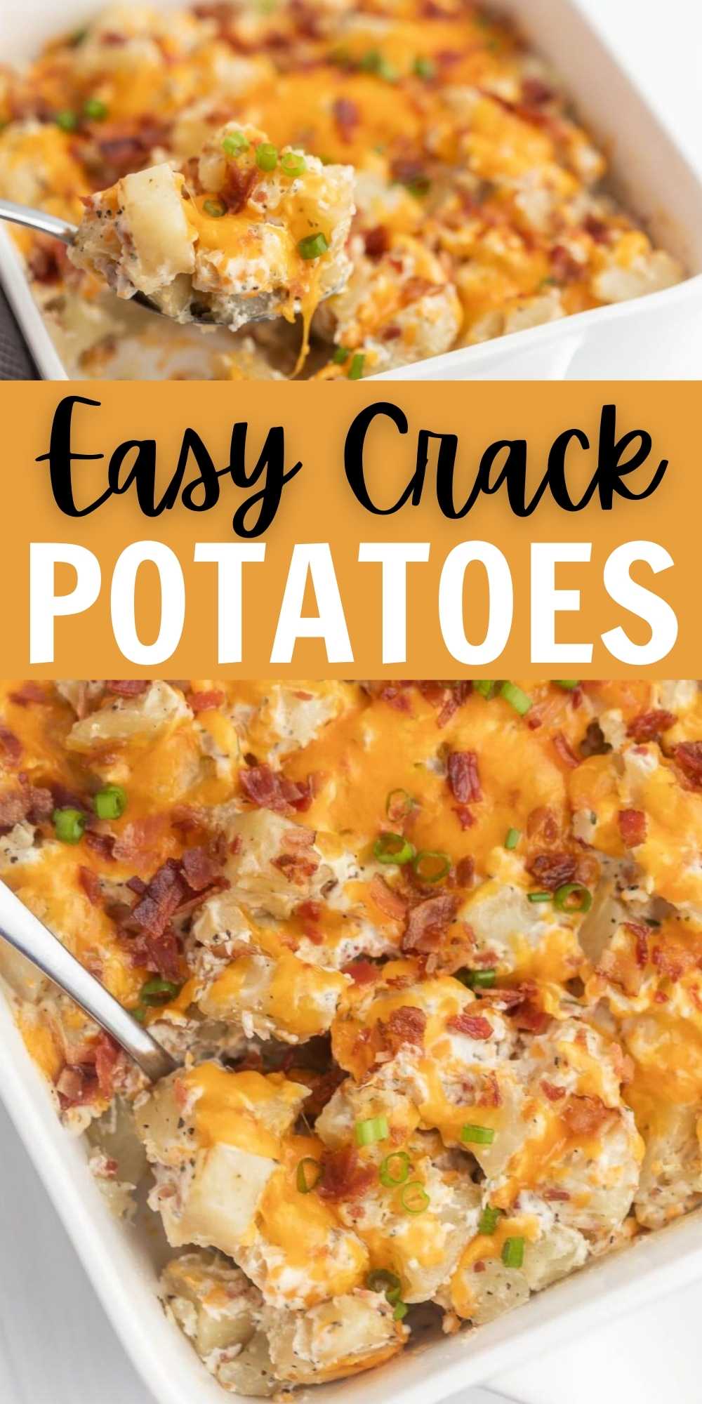 Crack potatoes is the perfect side dish with the best blend of ingredients. The potatoes are loaded with Ranch, cheese, bacon and more. These loaded crack potatoes are packed full of flavor and will be a crowd pleaser at your next dinner! #eatingonadime #sidedishrecipes #sidedishes #potatorecipes 
