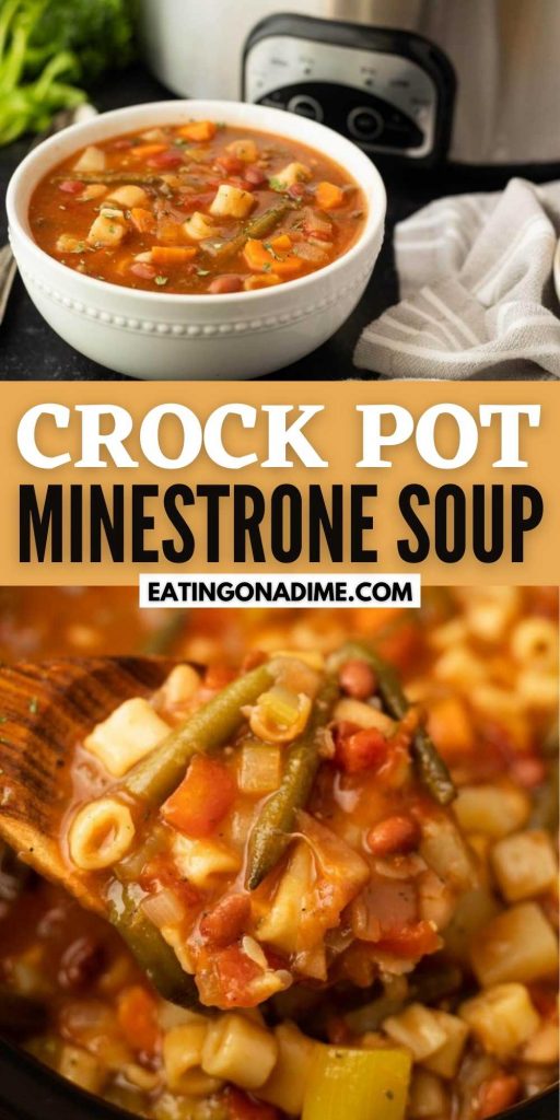 Crock Pot Minestrone Soup Recipe comes together for a flavor packed meal - Try this copycat Olive Garden Minestrone Soup today! This slow cooker easy minestrone soup without meat is delicious and simple to make at home! #eatingonadime #crockpotrecipes #slowcookerrecipes #souprecipes 
