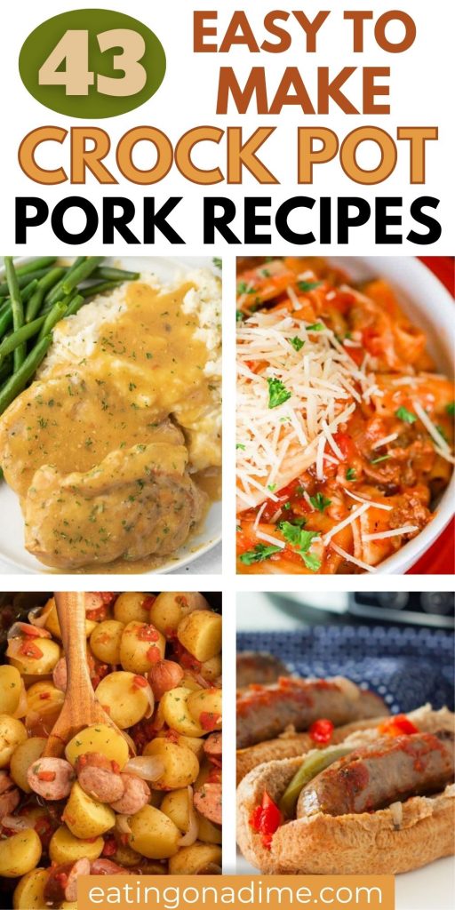 Check out 43 of our Best Crock Pot Pork Recipes. These pork recipes make dinner easy by making it in the slow cooker. These slow cooker pork recipes include low carb and healthy recipes too!  These crockpot recipes are perfect for dinner that the entire family will love! #eatingonadime #crockpotrecipes #slowcookerrecipes #porkrecipes 

