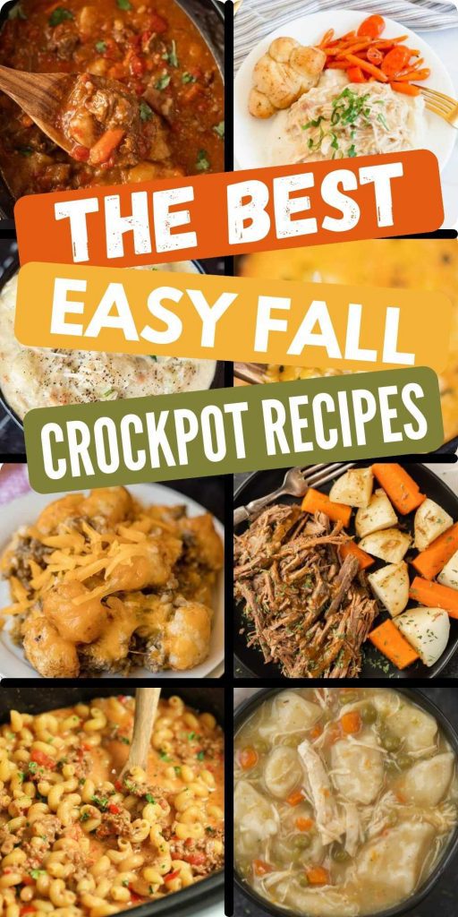 These are the BEST Fall crockpot recipes to make the best dinners that are easy in a slow cooker.  From chicken, to beef and pork, you’ll find an easy, healthy family dinner that your entire family will enjoy.  This list includes all our favorite soups, stews and roast recipes! #eatingonadime #crockpotrecipes #slowcookerrecipes #fallrecipes 
