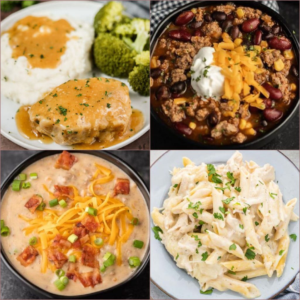 These are the BEST Fall crockpot recipes to make the best dinners that are easy in a slow cooker.  From chicken, to beef and pork, you’ll find an easy and healthy family dinner that everyone will love.  This list includes all our favorite soups, stews and roast recipes! #eatingonadime #crockpotrecipes #slowcookerrecipes #fallrecipes 
