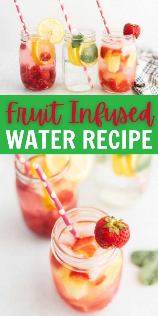 Fruit infused water recipe is the perfect alternative to sugary drinks. With only a few ingredients, this refreshing drink is quick and easy. Check out our favorite fruit combos to make the best fruit infused water that is healthy too! #eatingonadime #waterrecipes #beveragerecipes #drinkrecipes 
