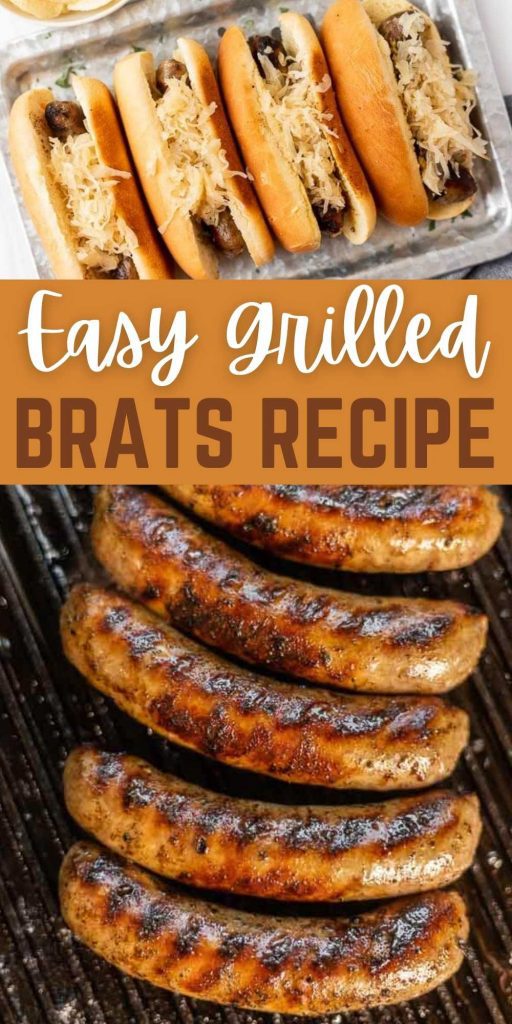 Grilled Brats Recipe is quick and simple. Get dinner on the table fast and enjoy a flavor packed meal. Learn how to cook grilled brats. These grilled brats are easy to make with just 3 ingredients and everyone will love them too! #eatingonadime #grillingrecipes #bratrecipes #bratwurstrecipes #summerrecipes 
