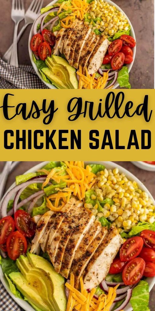 Tender chicken, fresh veggies and a zesty homemade dressing combine for a great grilled chicken salad. This is the perfect Summer salad. Learn how to make the best summer grilled salad that is healthy too!  Plus the entire family will love it! #eatingonadime #grillingrecipes #chickenrecipes #saladrecipes 
