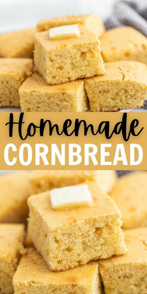 This is a simple homemade cornbread recipe. It is the perfect side to your favorite soup or chili recipe. It is easy to make and taste great! Learn how to make homemade cornbread from scratch with this easy recipe! #eatingonadime #cornbreadrecipes #sidedishes #sidedishrecipes 
