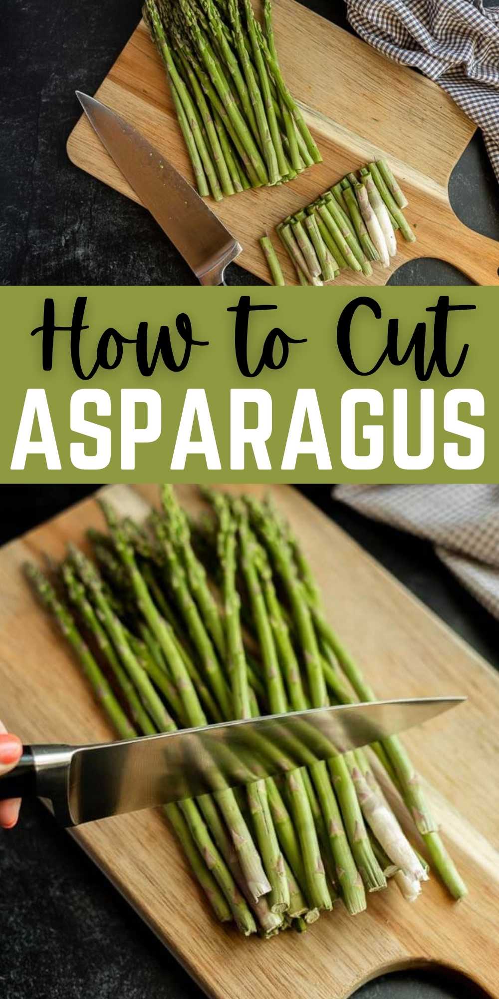 Follow these easy steps on How to Cut Asparagus. Asparagus is an easy side side that has many health benefits and is a delicious vegetable. Learn the best and easiest way to trim asparagus. #eatingonadime #howto #cutasparagus #knifeskills 

