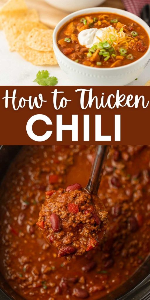 If you have struggled with How to Thicken Chili, then you have come to the right place. We have 8 ways to thicken your chili so it isn't thin.  Learn how to thicken your favorite chili recipes with flour, with cornstarch, with more beans or with corn meal too!  This ideas work for slow cooker or stovetop chili recipes. #eatingonadime #howto #chilitips 
