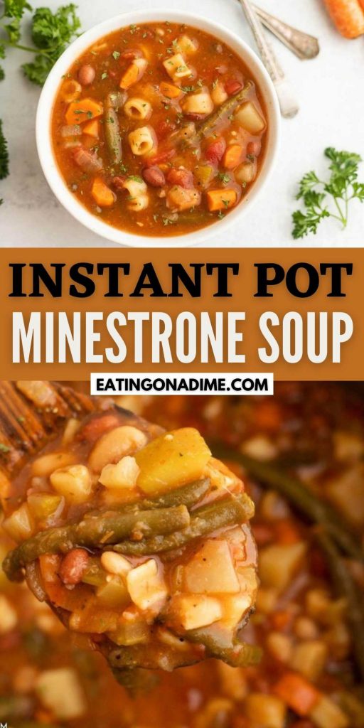 Instant Pot Minestrone Soup Recipes are so easy and delicious. This copycat soup is packed with flavor and dinner is done in 5 minutes! This is the best and the easiest vegetarian soup recipe and it tastes just like the one from Olive Garden! #eatingonadime #souprecipes #instantpotrecipes #copycatrecipes 
