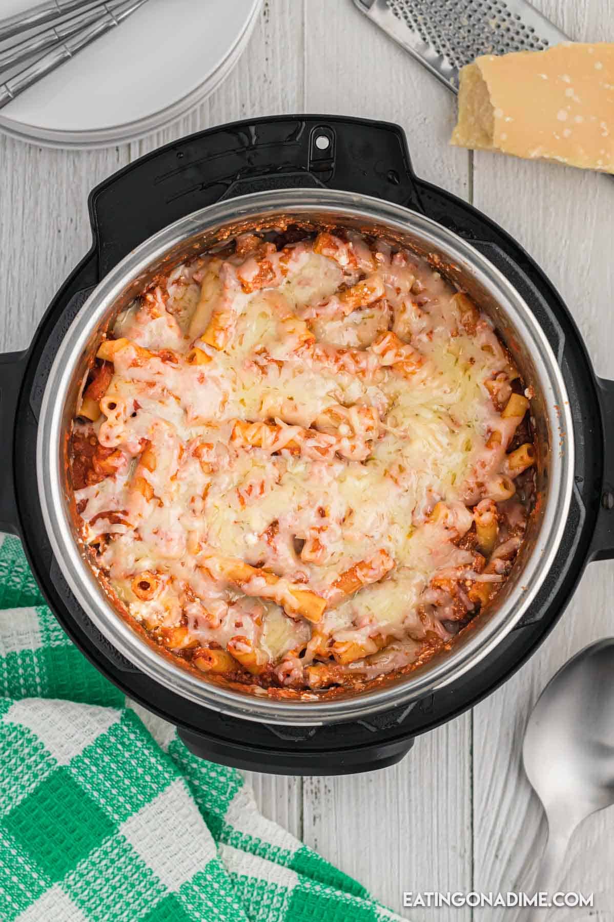 Melty cheese on top of the baked ziti in the instant pot