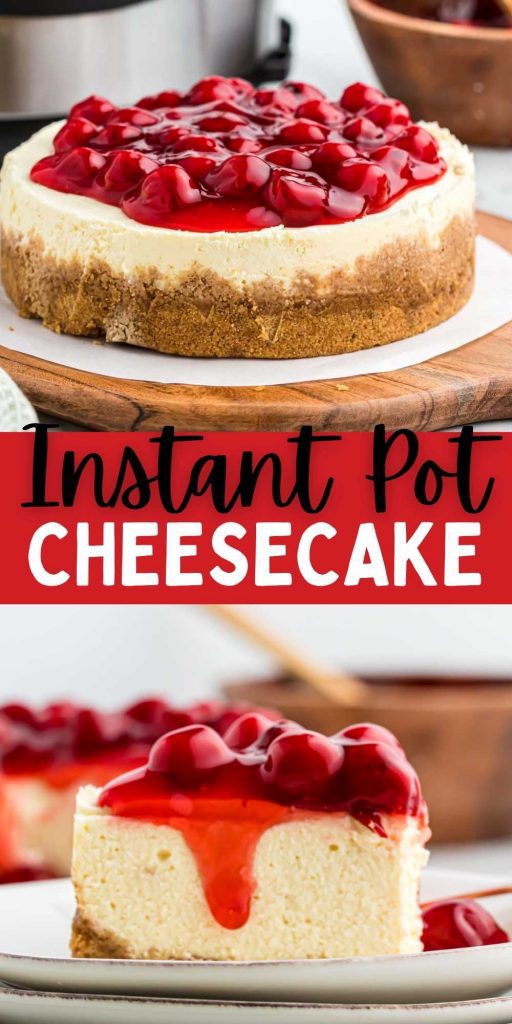 Instant Pot Cheesecake Recipe is easy to make and turns out rich and creamy. Add your favorite topping for a delicious dessert. Making a cheesecake in an Instant Pot is easy to do and the cake tastes amazing every time! #eatingonadime #instantpotrecipes #cakerecipes #cheesecakerecipes 
