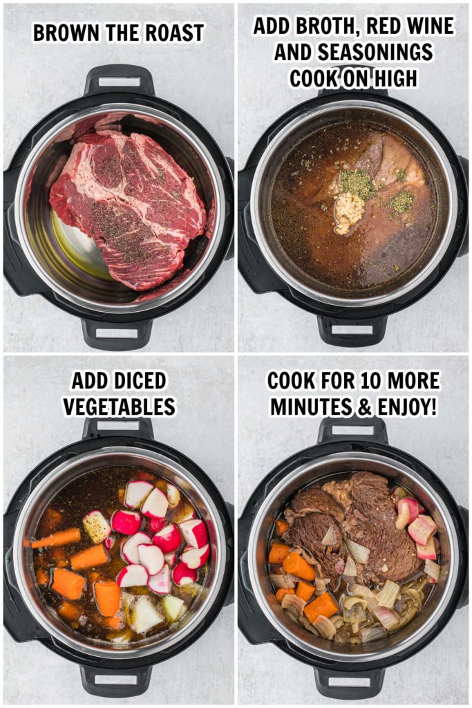 The process of making veggies and pot roast in the instant pot