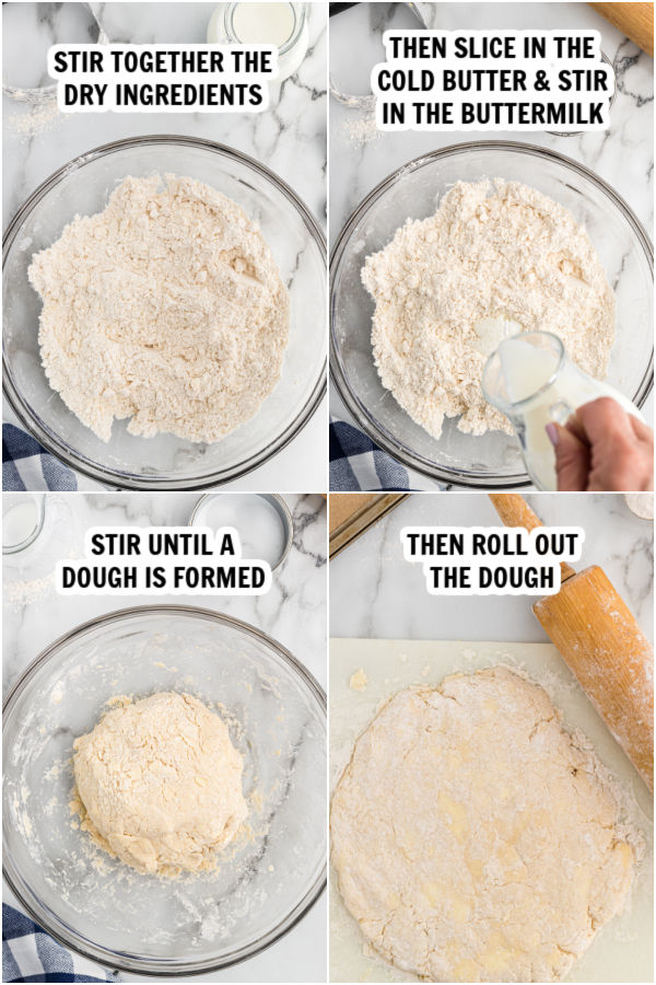 Process photos of mixing together dough. 